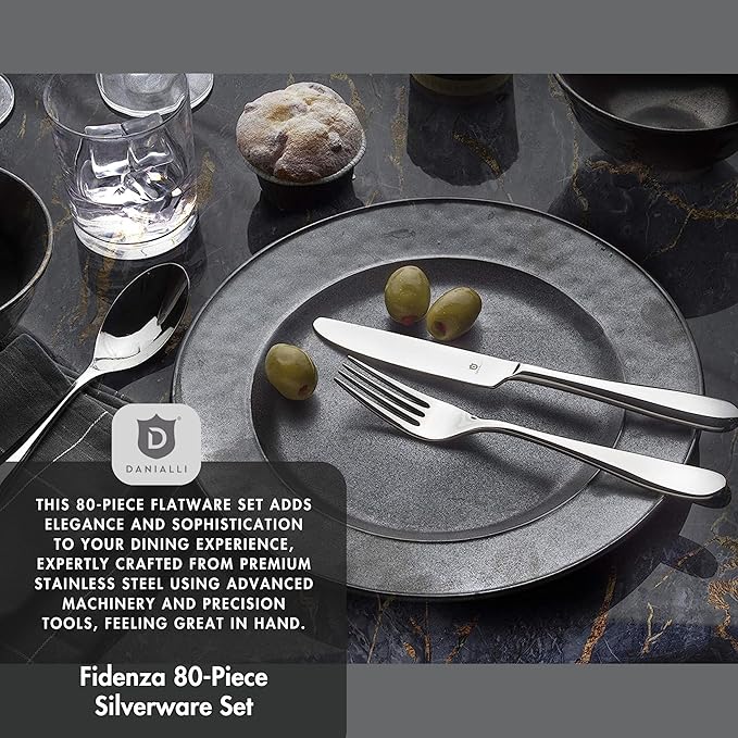 Silverware Set for 16 – 18/10 Stainless Steel Flatware, Mirror Finish, Dishwasher Safe, Durable and Elegant, Rust Resistant, Perfect for Entertaining (80-Piece Set, Fidenza)