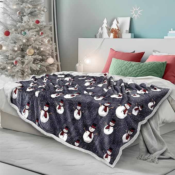 PAVILIA Premium Christmas Sherpa Throw Blanket | Snowman Decoration, Fleece, Plush, Warm, Cozy Reversible Microfiber Holiday Blanket 50 x 60