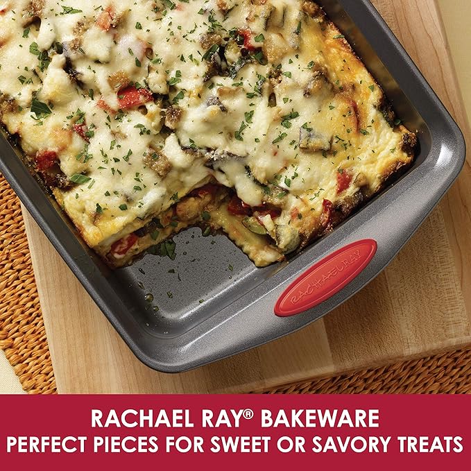 Rachael Ray Yum-o! Nonstick Baking Pan With Grips/ Nonstick Cake Pan with Grips, Rectangle - 9 Inch x 13 Inch, Gray with Red Grips