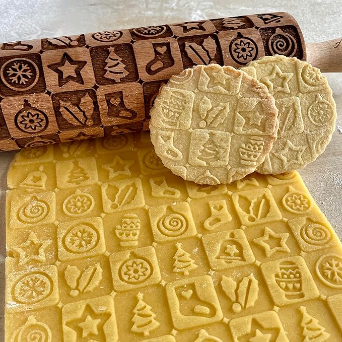 CHRISTMAS FEST 3 Mini Embossed Rolling Pin Set. Wooden Laser Engraved Textured rolling pins for Cookies, Modeline, Ceramic with Skulls, Bats, Halloween by Algis Crafts