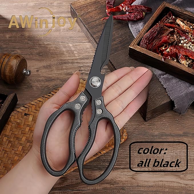Heavy Duty Sharp Kitchen Scissors - Dishwasher Safe Black Cooking Shears for Meat, Chicken, Fish, Poultry, Herb, Bread (All Black)
