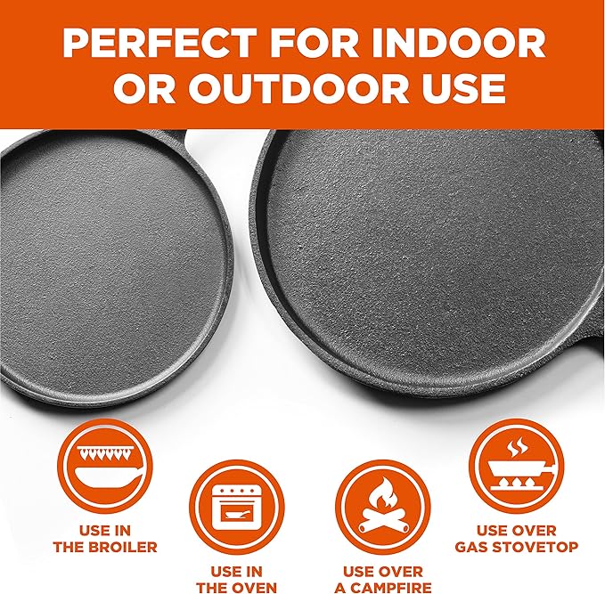 Commercial CHEF Round Cast Iron Griddle Pan 3-Piece Set – 8-inch, 10-inch, and 12-inch - Pre-seasoned Griddle Cast Iron Cookware